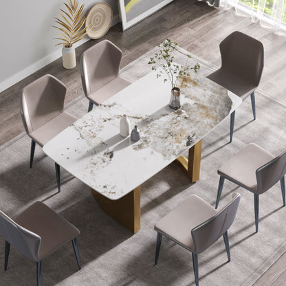 63&quot; Artificial Stone Pandora White Curved Golden Metal Leg Dining Table, 6 People - Antique White / Gold
