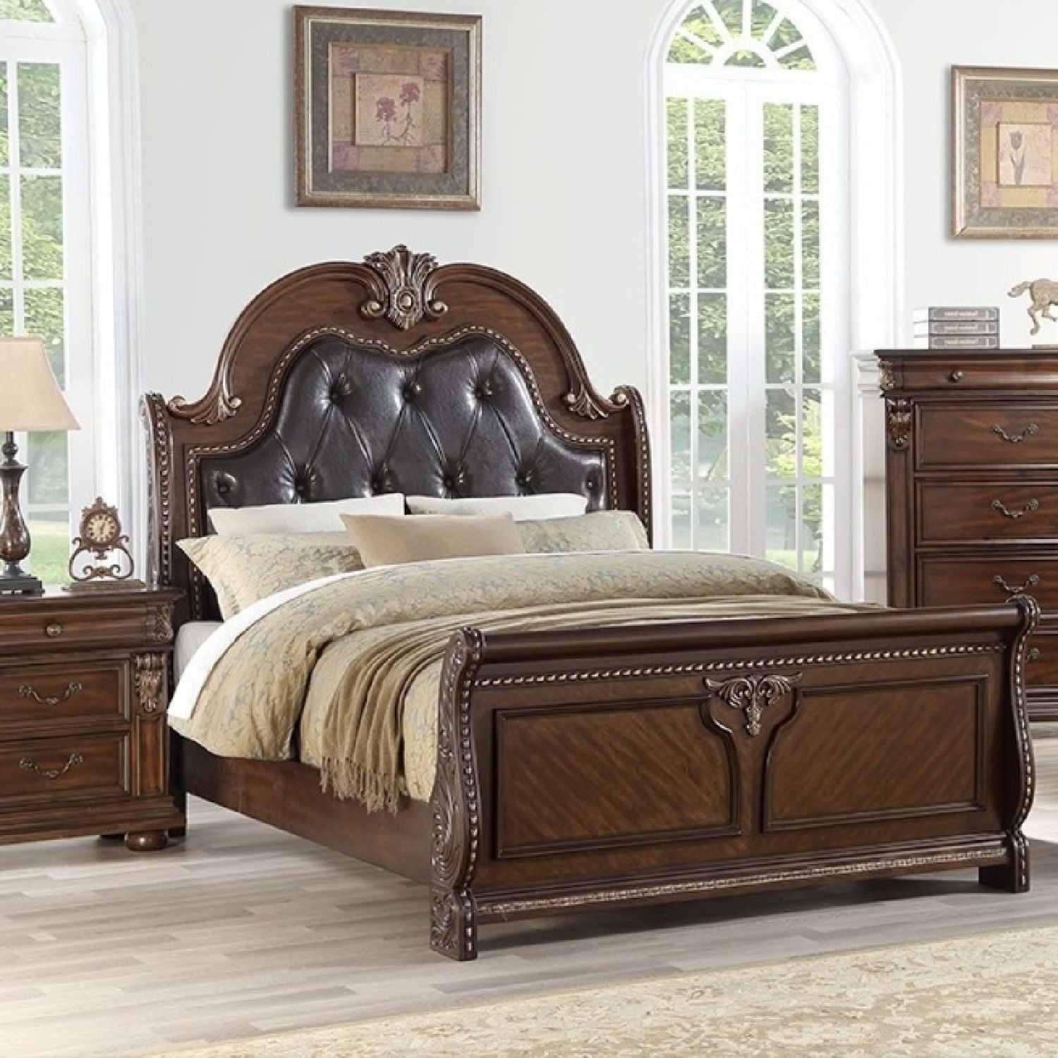 Bed &amp; Carved Padded And Button Tufted Headboard