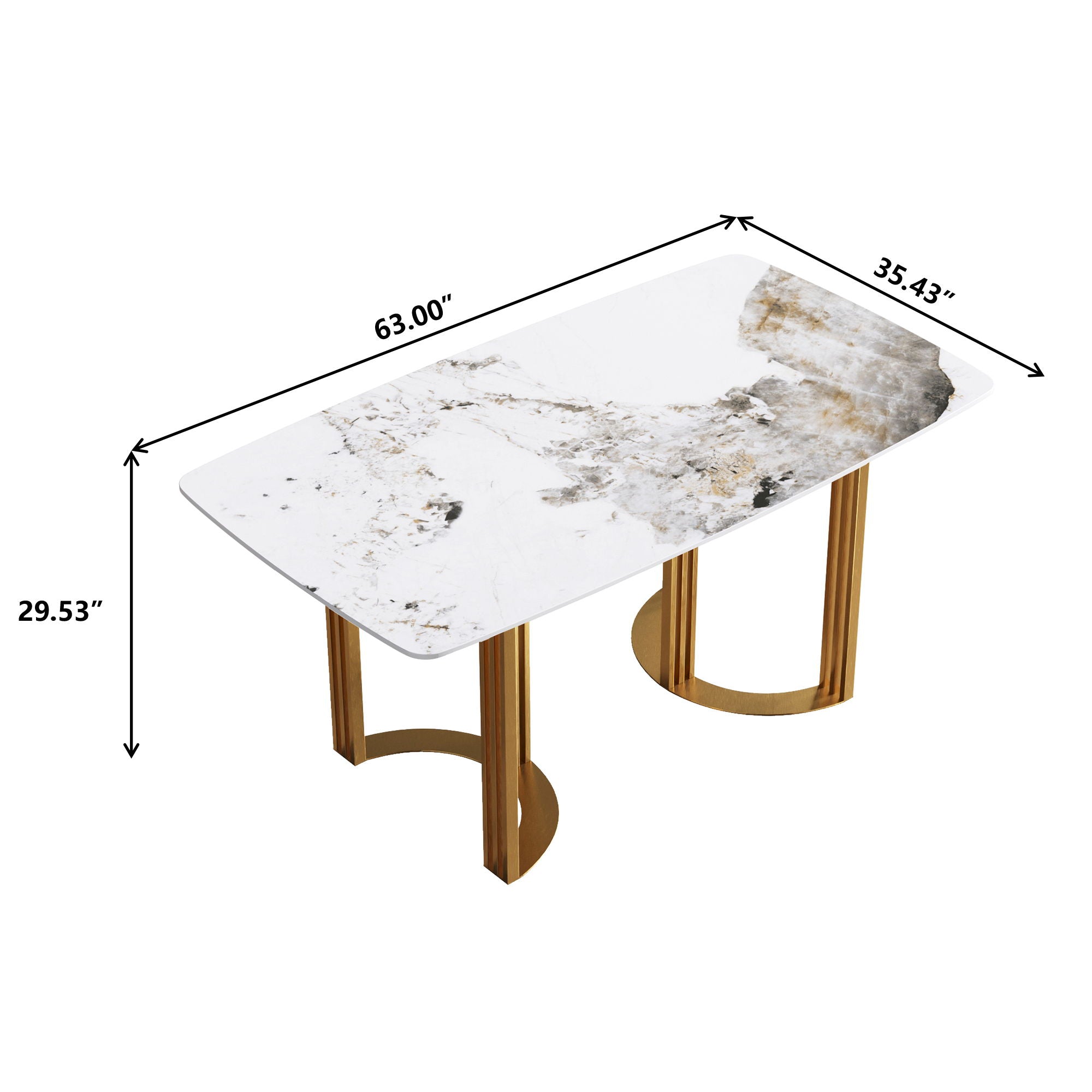 63&quot; Modern Artificial Stone Pandora White Curved Metal Leg Dining Table, 6 People - Antique White