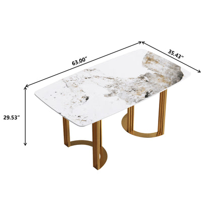 63&quot; Modern Artificial Stone Pandora White Curved Metal Leg Dining Table, 6 People - Antique White