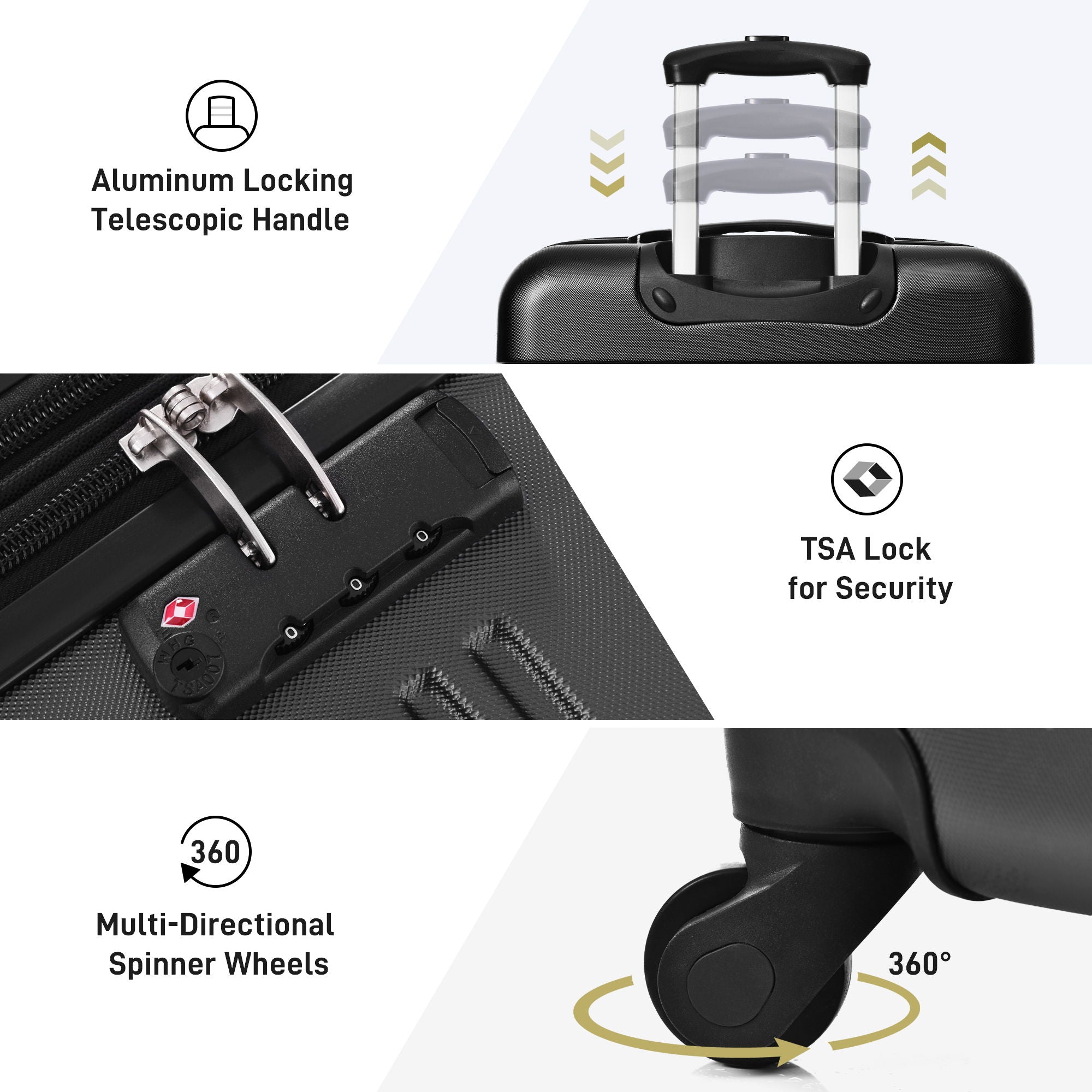 3 Piece Luggage Set Hardside Spinner Suitcase With Tsa Lock 20&quot; 24&quot; 28&quot; Available - Black