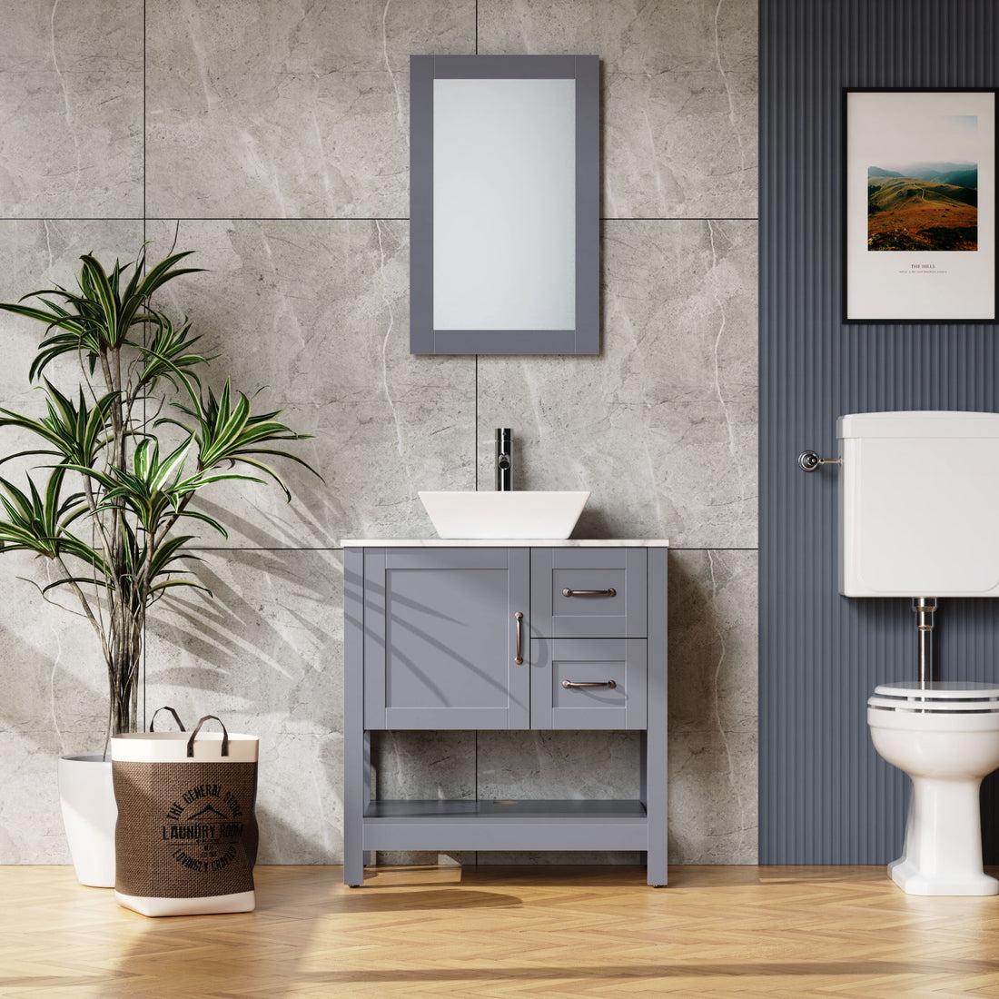 30&quot; Gray Bathroom Vanity And Sink Combo Marble Pattern Top With Mirror Faucet &amp; Drain - Gray