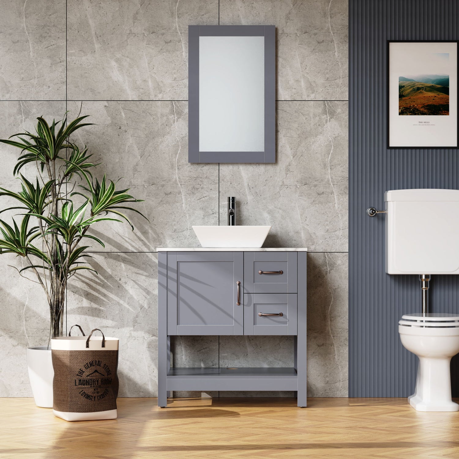 30&quot; Gray Bathroom Vanity And Sink Combo Marble Pattern Top With Mirror Faucet &amp; Drain - Gray