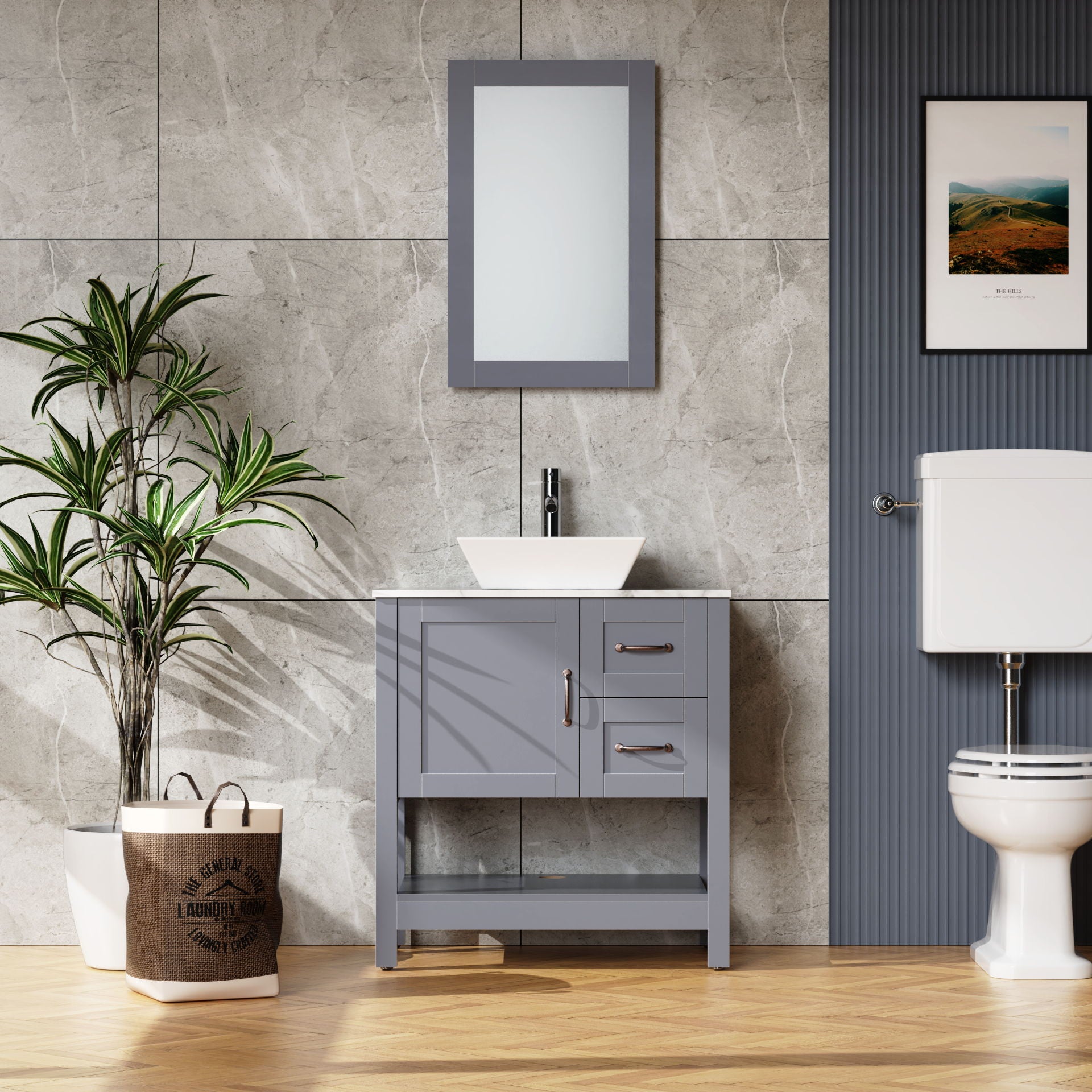 30&quot; Gray Bathroom Vanity And Sink Combo Marble Pattern Top With Mirror Faucet &amp; Drain - Gray
