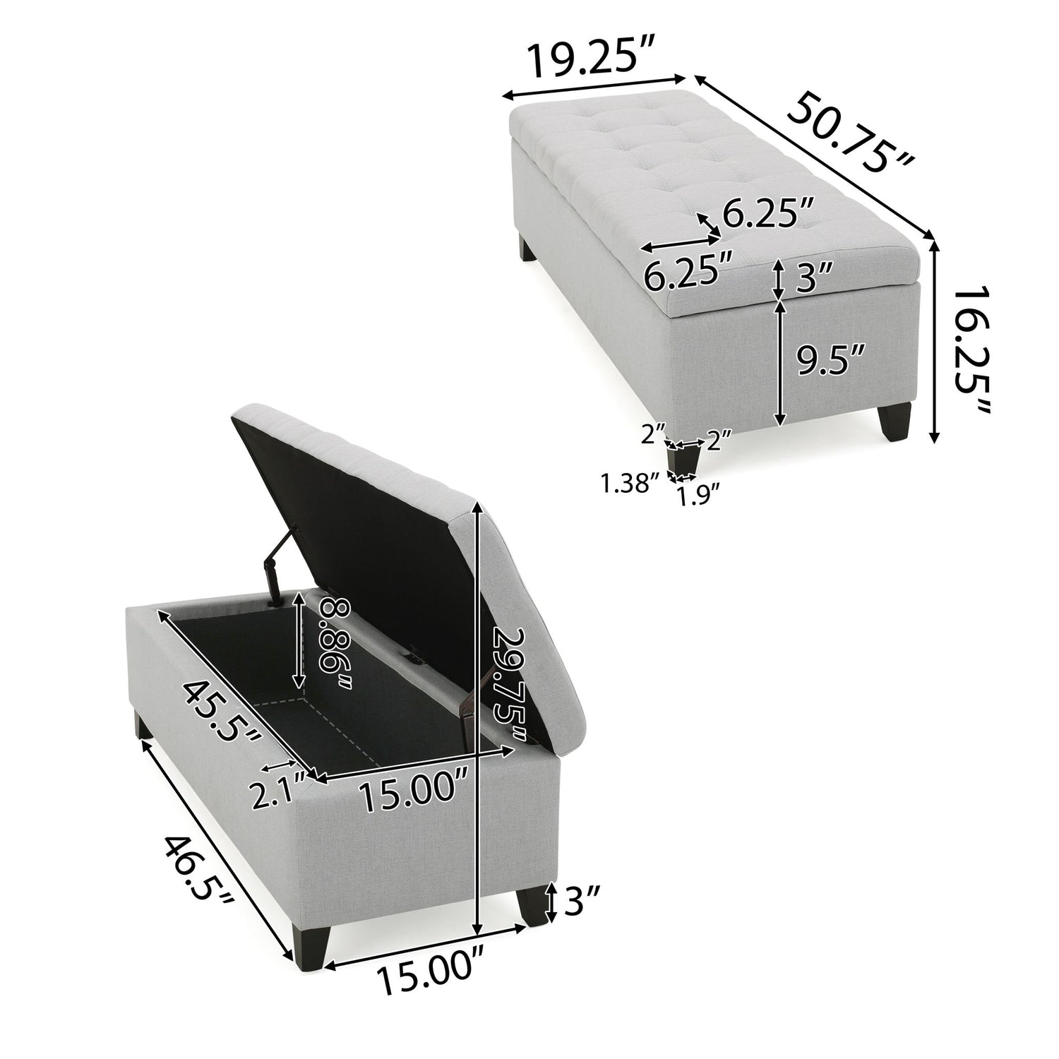 Home Mission - Upholstered Storage Ottoman Bench - Light Gray