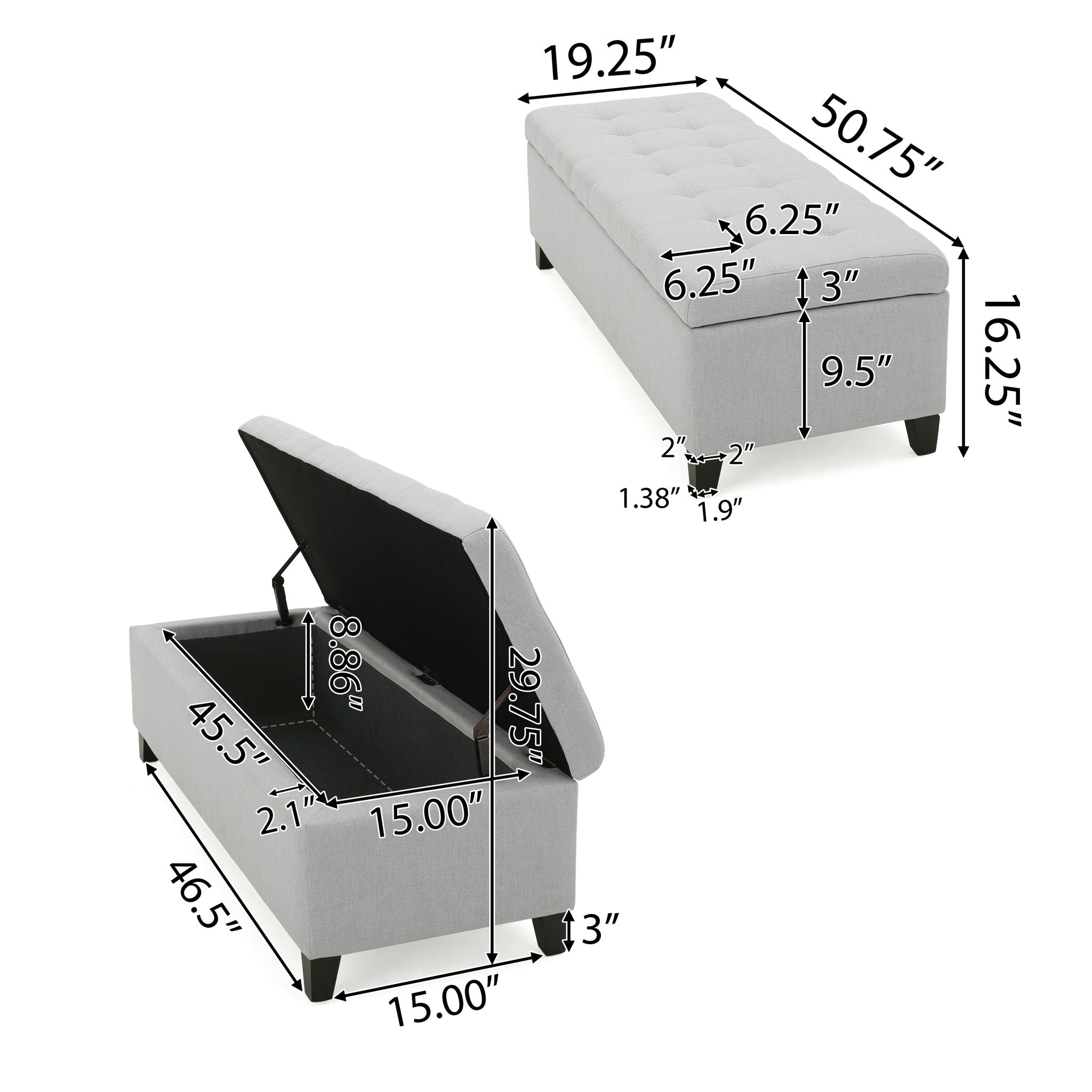 Home Mission - Upholstered Storage Ottoman Bench - Light Gray