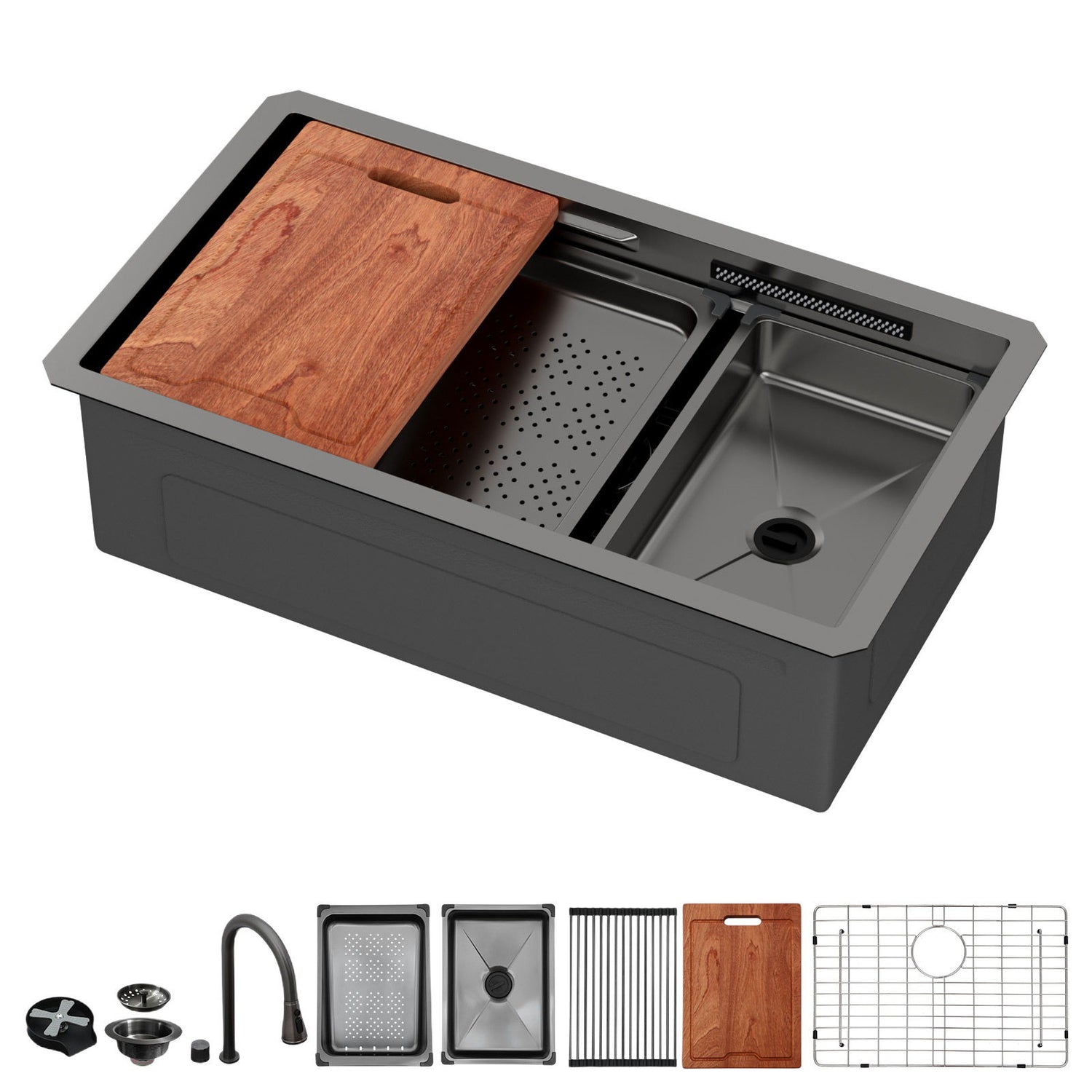 Undermount Stainless Steel Kitchen Sink With Pull Down Faucet &amp; Ledge Workstation