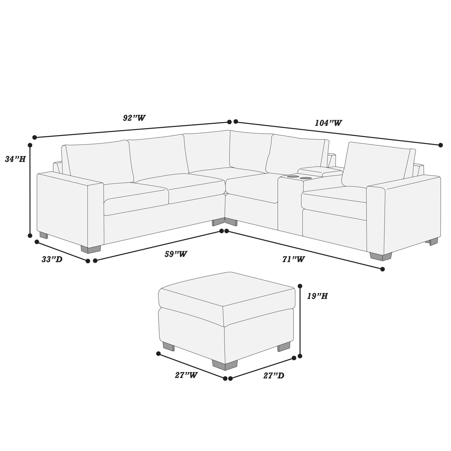 Contemporary L-Shaped Sectional Set With USB Console &amp; Ottoman