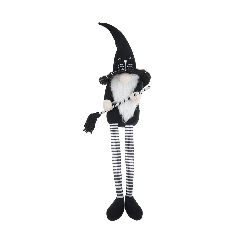Sitting Gnome With Broomstick &amp; Long Legs, For Halloween Decor - Black White