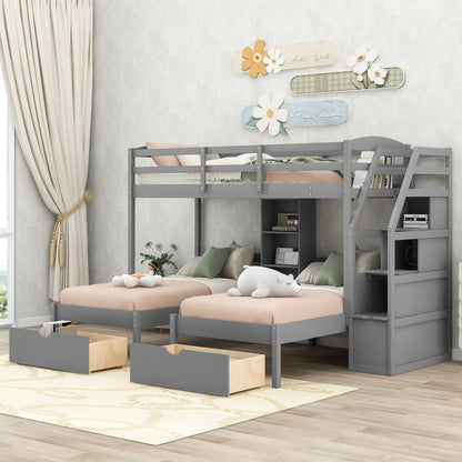 Twin Over Twin &amp; Twin Bunk Bed With Drawers, Staircase Storage, Built In Shelves - Gray