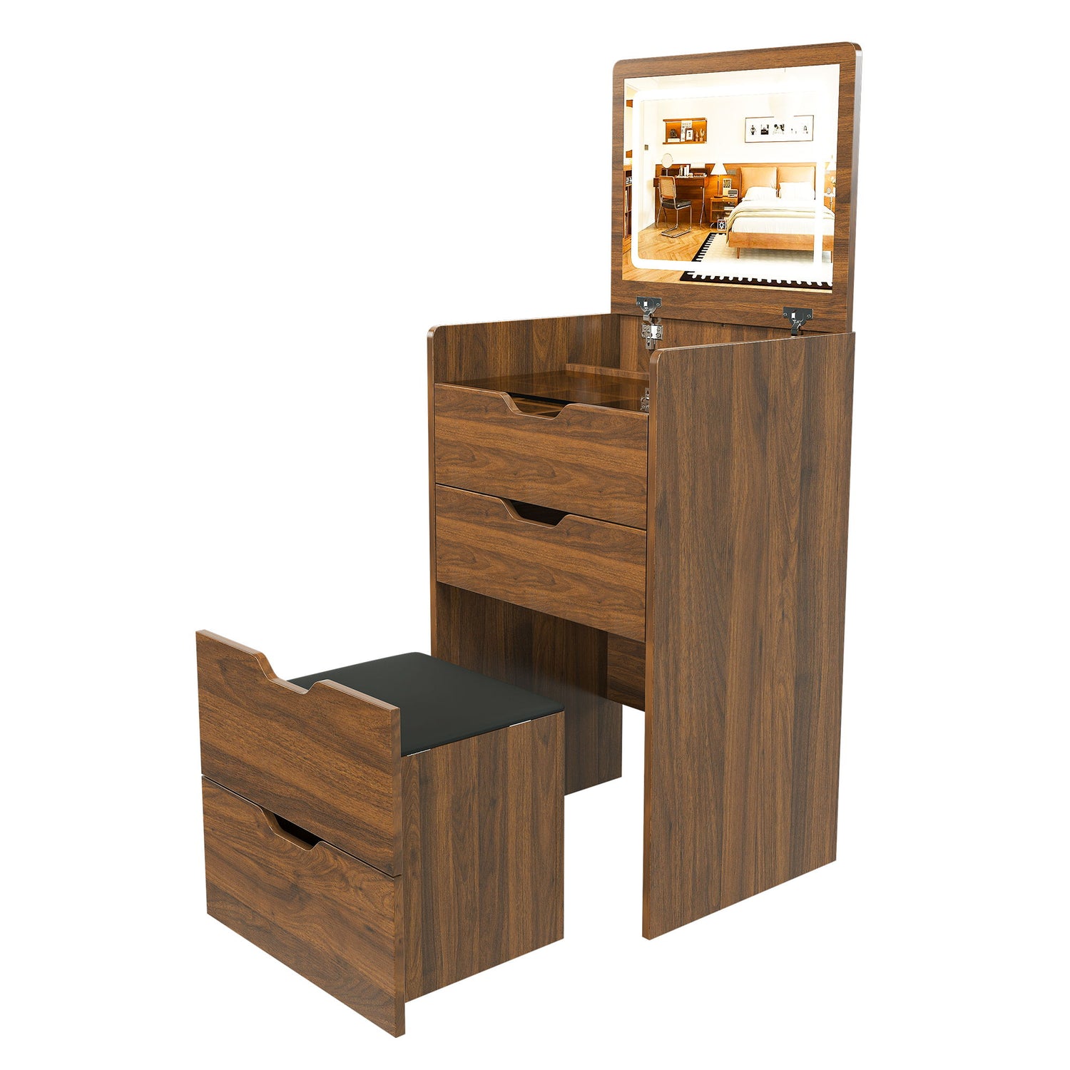 Vanity Desk With Lighted Mirror &amp; Stool
