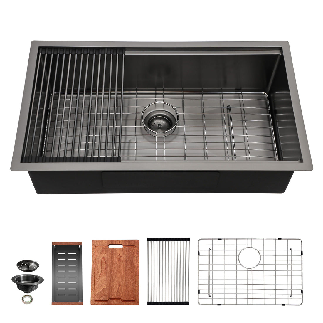 Workstation Kitchen Sink 30&quot; X 18&quot; X 10&quot; Single Bowl Undermount 16 Gauge - Gunmetal Black