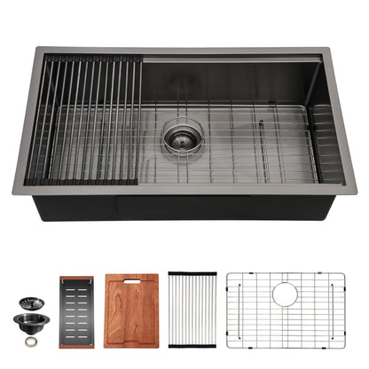 Workstation Kitchen Sink 30&quot; X 18&quot; X 10&quot; Single Bowl Undermount 16 Gauge - Gunmetal Black