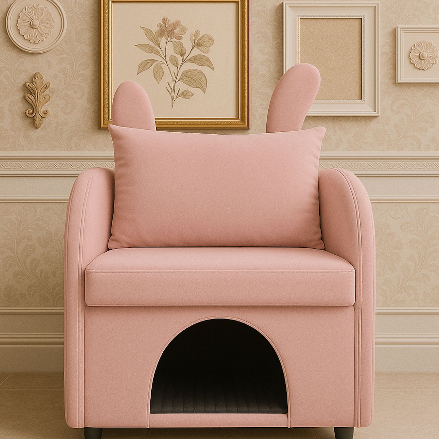 Bunny Ear Pet Friendly Armchair With Hidden Pet House With Storage Pocket For Bedroom &amp; Living Room - Pink