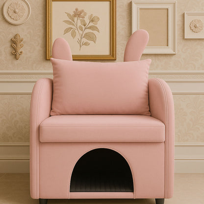 Bunny Ear Pet Friendly Armchair With Hidden Pet House With Storage Pocket For Bedroom &amp; Living Room - Pink
