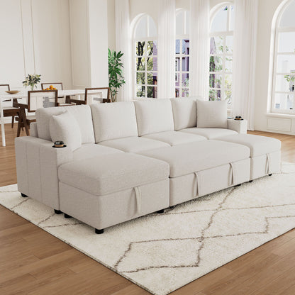 Sectional Sofa Convertible Pull-Out Bed With Storage Ottoman &amp; USB Ports