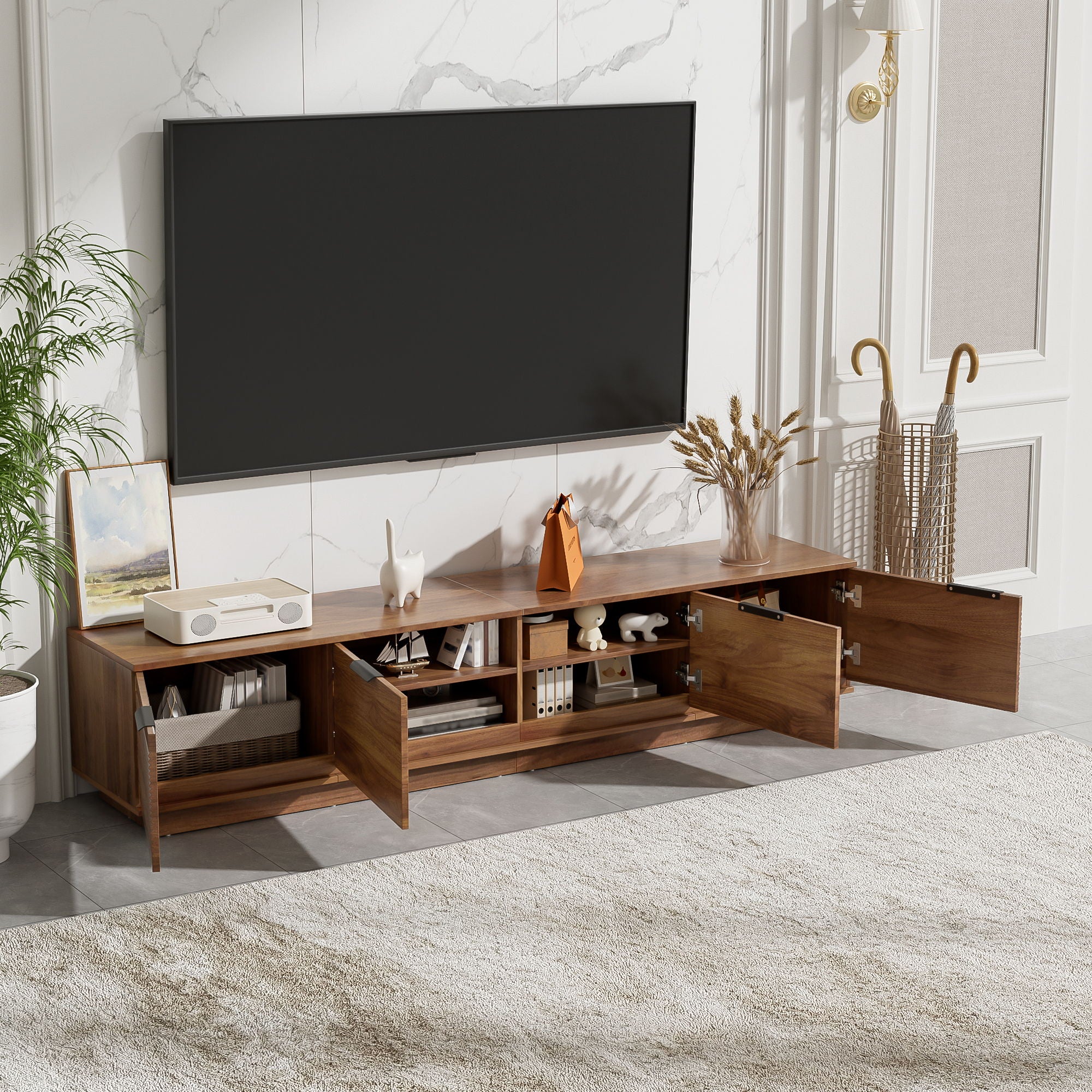 TV Stand, Entertainment Center &amp; Fluted Door &amp; Cable Management, Soft Closing Hinges - Walnut