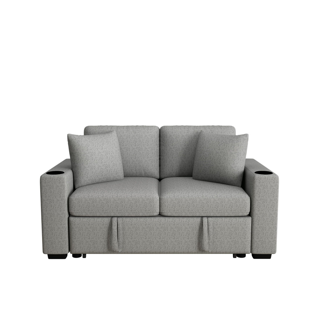 Modern 2 Seater Loveseat Sofa With Pull-Out Bed, Fabric, Built-In USB Ports &amp; Cup Holders