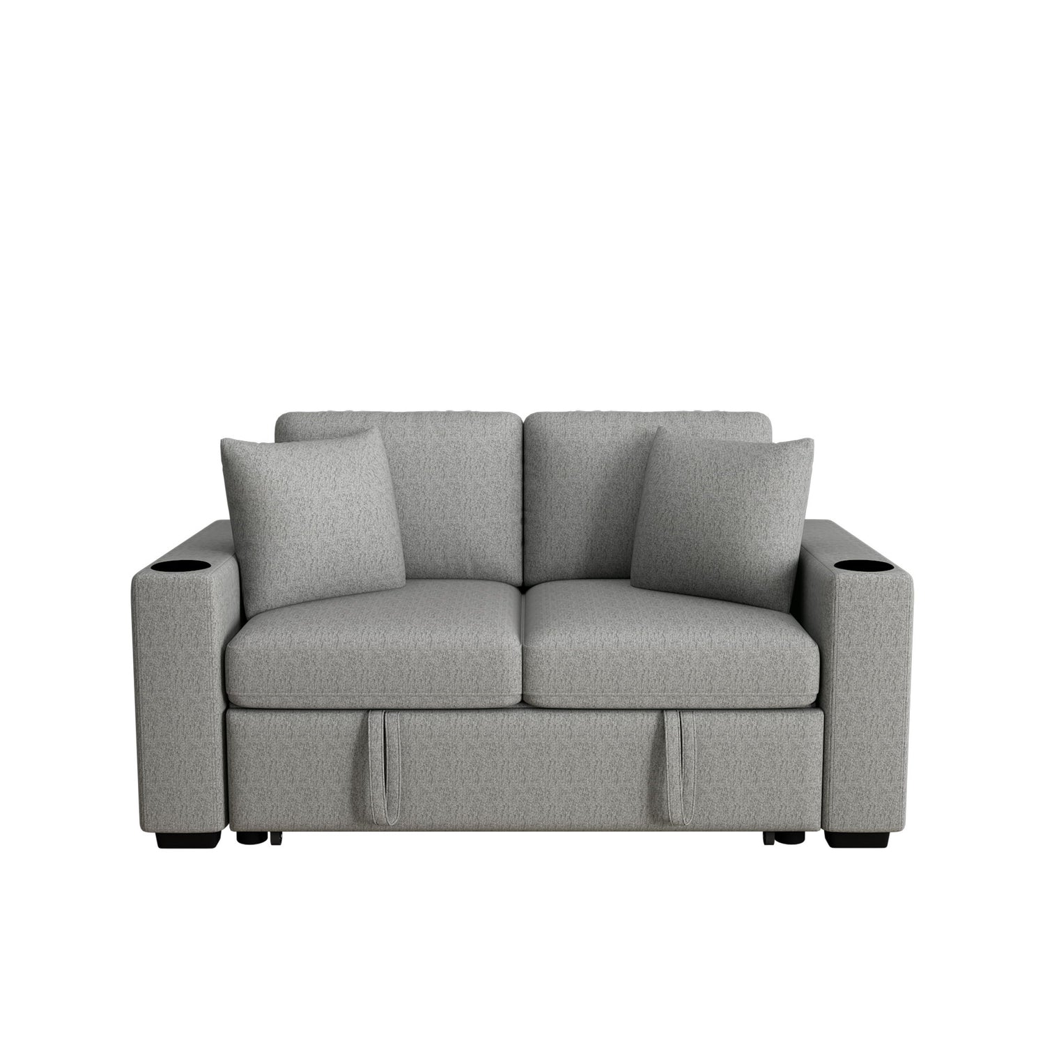 Modern 2 Seater Loveseat Sofa With Pull-Out Bed, Fabric, Built-In USB Ports &amp; Cup Holders