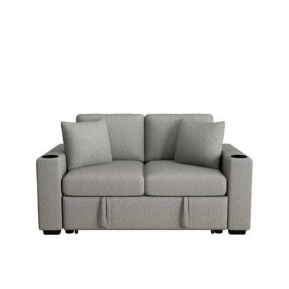 Modern 2 Seater Loveseat Sofa With Pull-Out Bed, Fabric, Built-In USB Ports &amp; Cup Holders