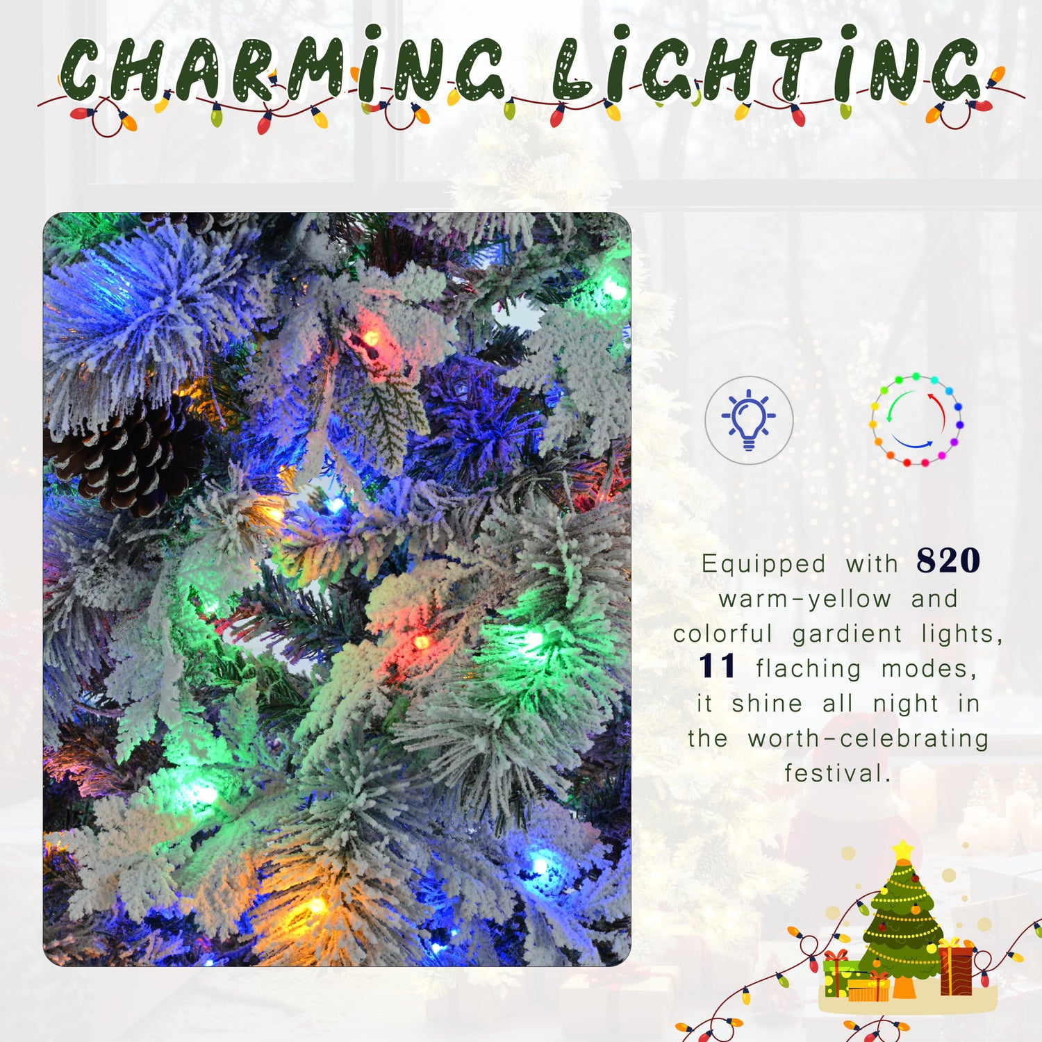 6FT Pre-Lit Spruce Snow Flocked Christmas Tree with Pine Cones, Artificial Xmas Tree with 403 Branch Tips,Mixed PE &amp; PVC Branches, 250 Multi-Color LED Lights, 11 Flashing Modes, Holiday Décor