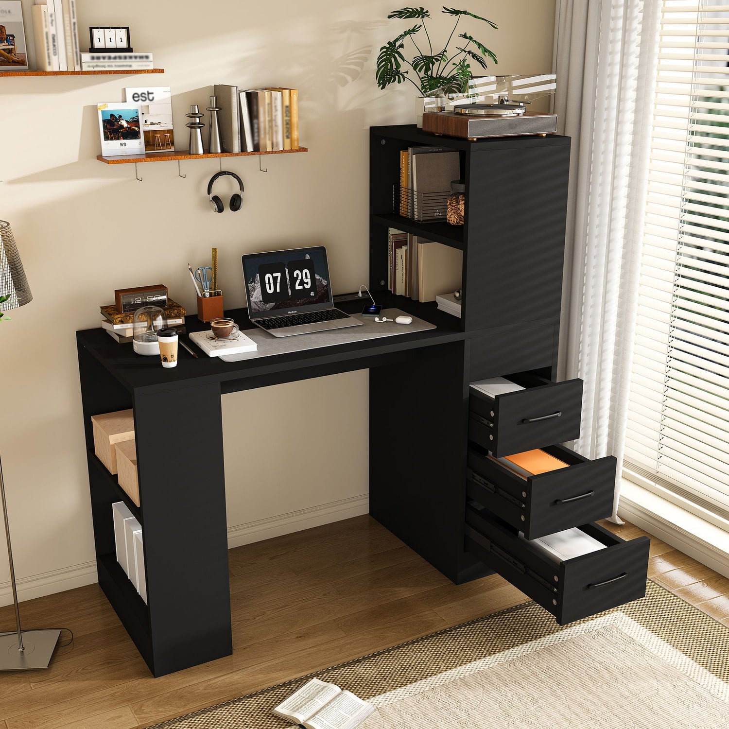 Computer Desk With 4 In 1 Socket &amp; 3 Drawers, 4 Tier Shelves
