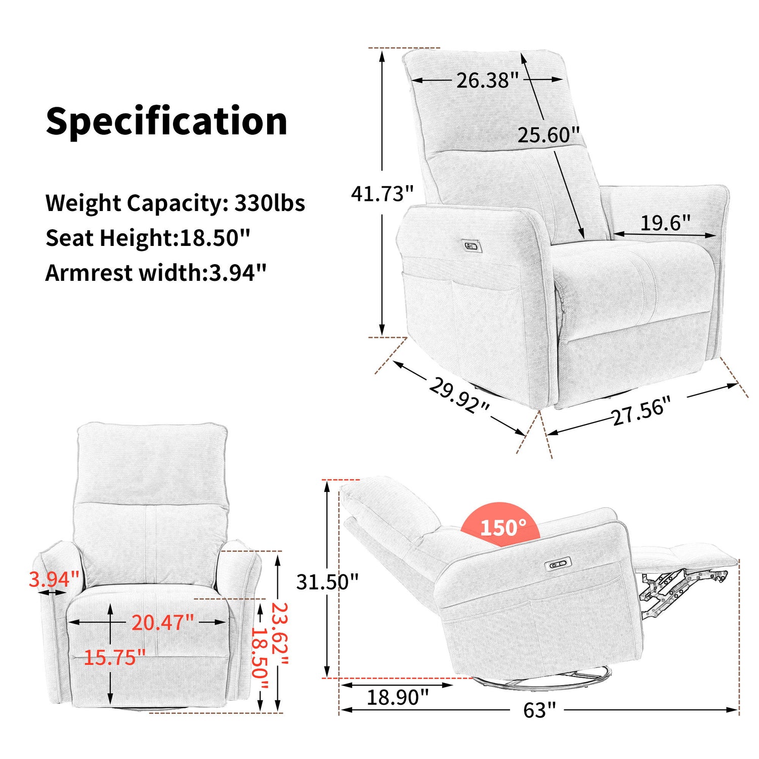 29.92&quot; 270 Power Swivel Rocker Recliner Chair, Electric Glider Reclining Sofa With USB Ports, Power Swivel Glider, Rocking Chair Nursery Recliners For Living Room Bedroom