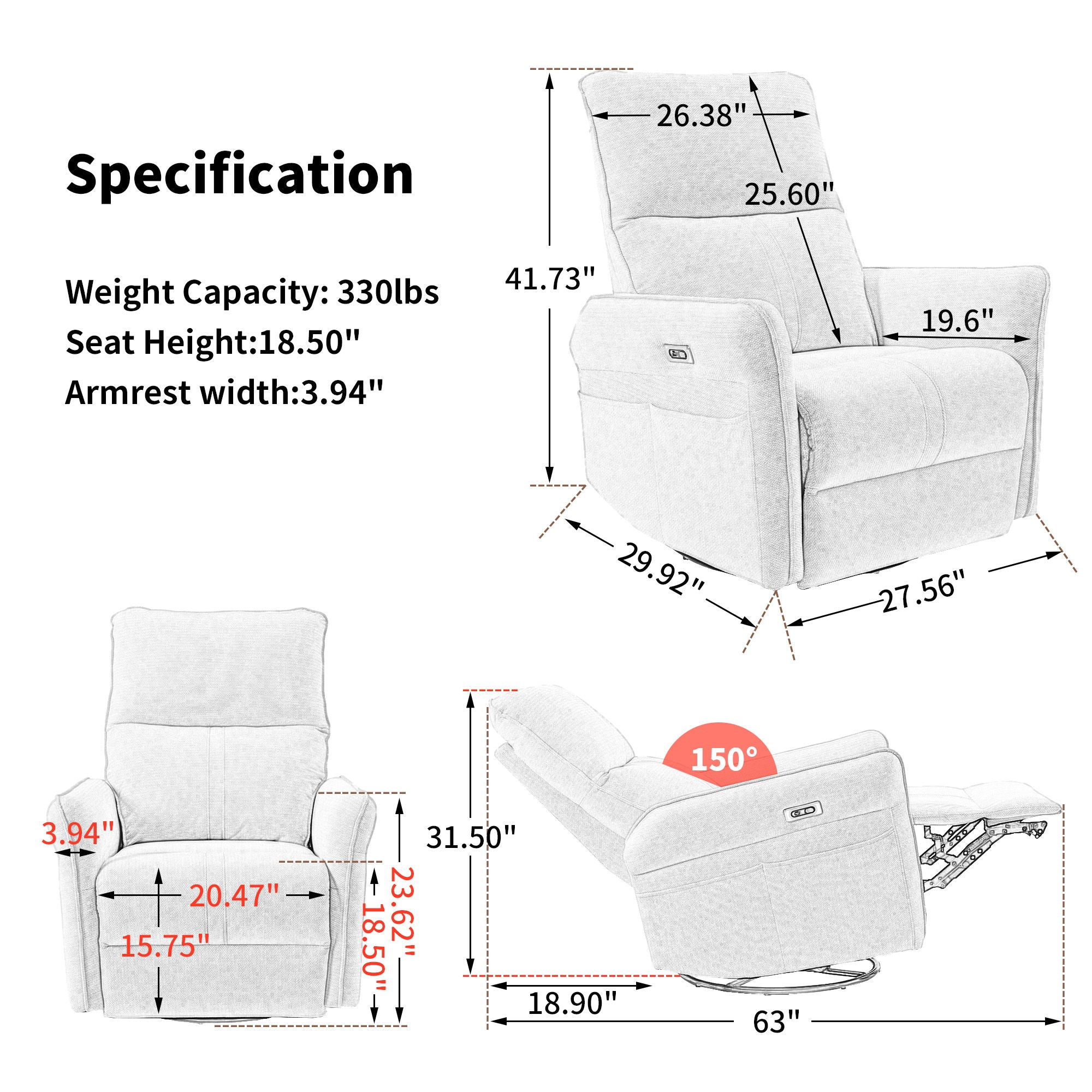 29.92&quot; 270 Power Swivel Rocker Recliner Chair, Electric Glider Reclining Sofa With USB Ports, Power Swivel Glider, Rocking Chair Nursery Recliners For Living Room Bedroom