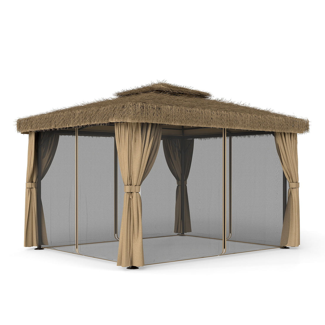 Outdoor Patio Gazebo With Double Canopy, Mosquito Net &amp; Privacy Curtain - Brown