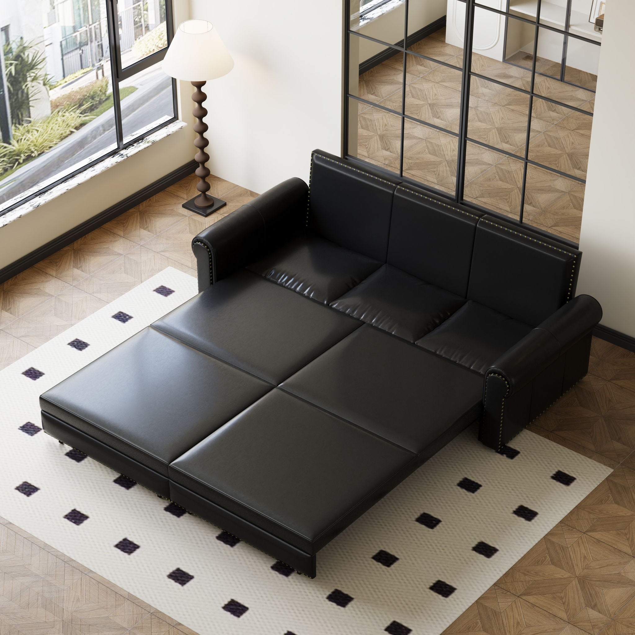 3 In 1 Convertible Sleeper Sofa With Nailhead Trim &amp; Rolled Arm
