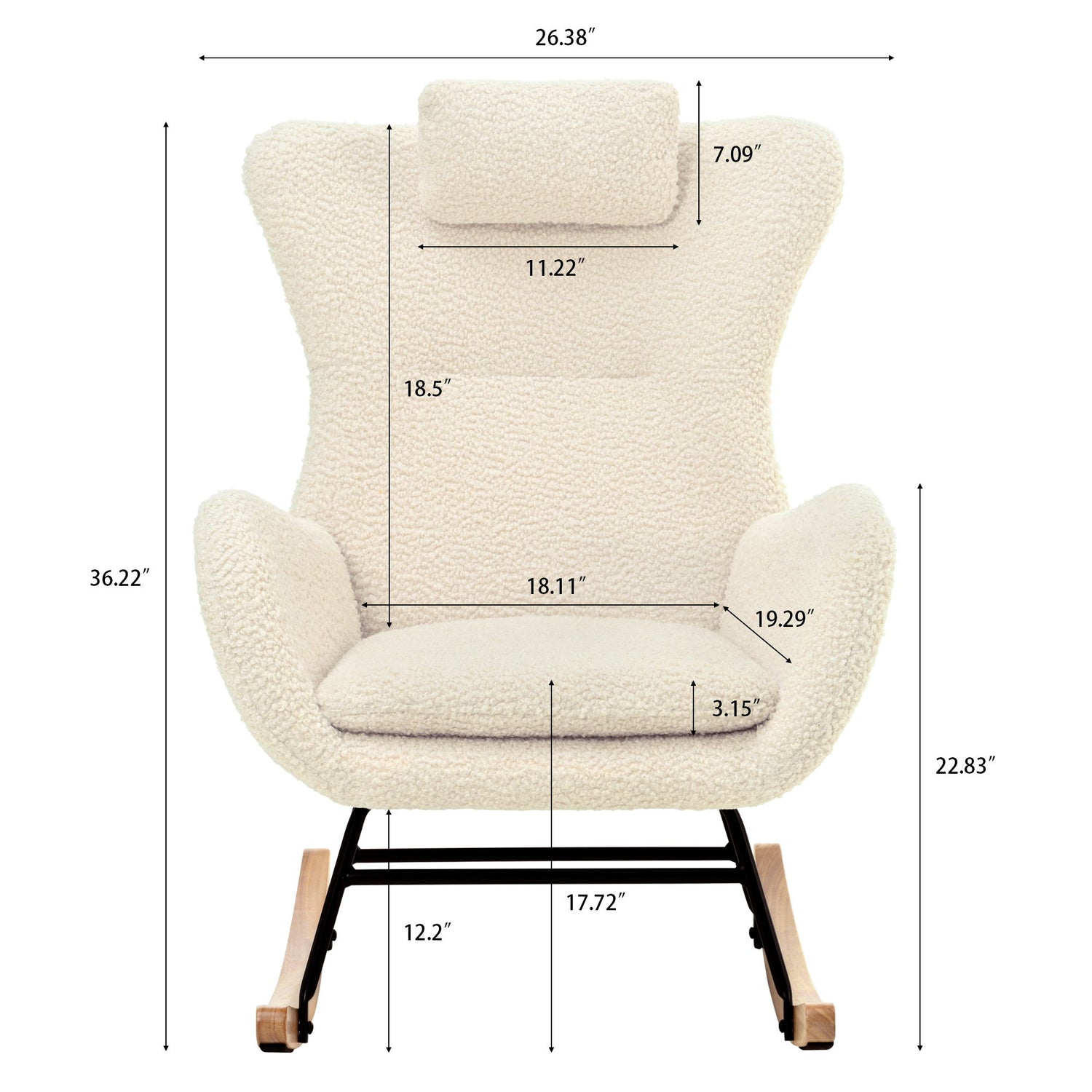 Rocking Chair Nursery, Teddy Upholstered Rocker Glider Chair With High Backrest, Adjustable Headrest &amp; Pocket, Comfy Glider Chair For Nursery, Bedroom, Living Room, Offices, Rubber Wood