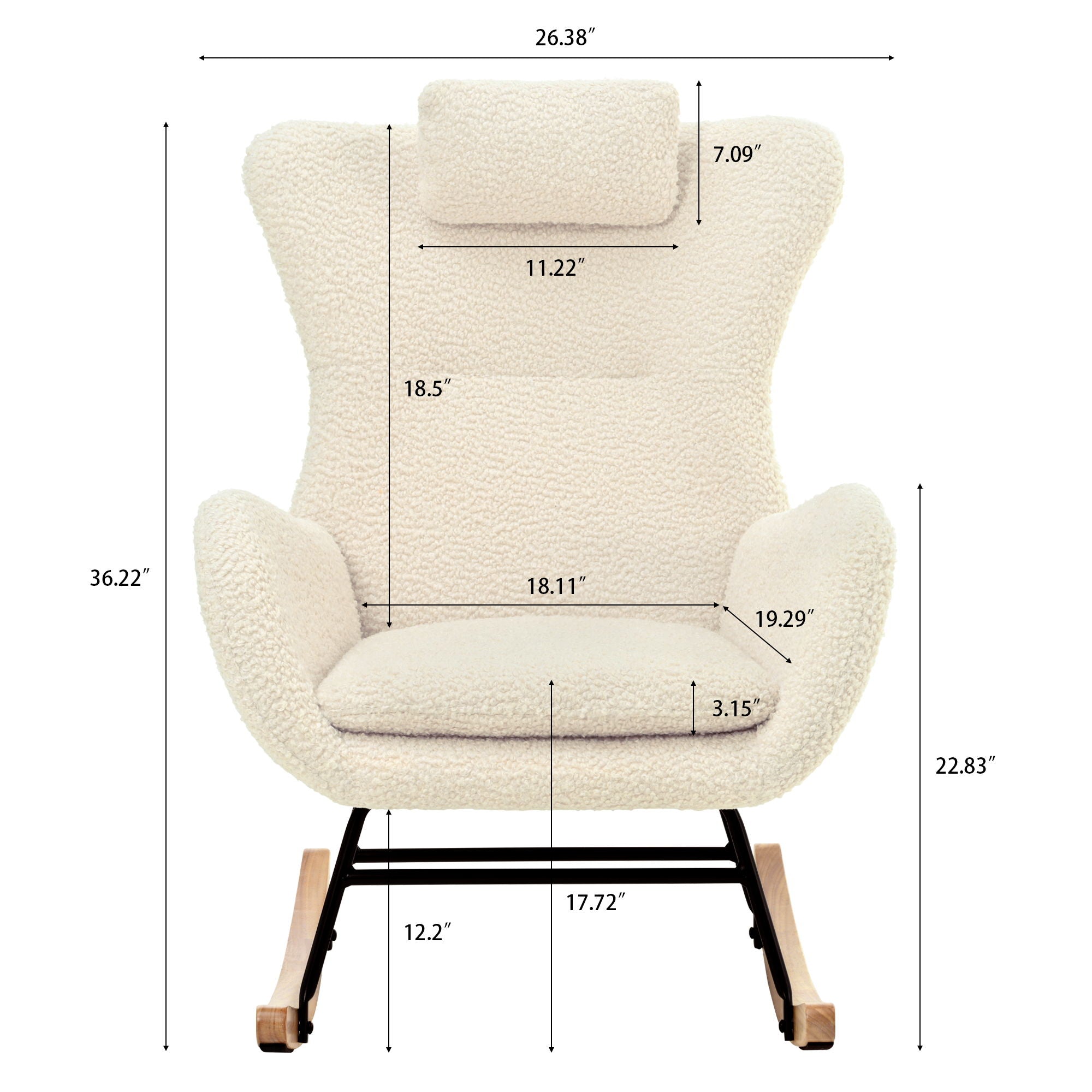 Rocking Chair Nursery, Teddy Upholstered Rocker Glider Chair With High Backrest, Adjustable Headrest &amp; Pocket, Comfy Glider Chair For Nursery, Bedroom, Living Room, Offices, Rubber Wood