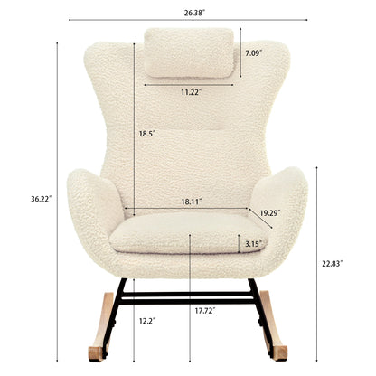 Rocking Chair Nursery, Teddy Upholstered Rocker Glider Chair With High Backrest, Adjustable Headrest &amp; Pocket, Comfy Glider Chair For Nursery, Bedroom, Living Room, Offices, Rubber Wood