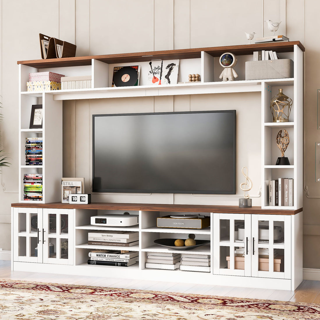 Wall Unit Entertainment Center With Bookshelves For TVs Up To 80&quot;, Tempered Glass Doors And Adjustable Shelves