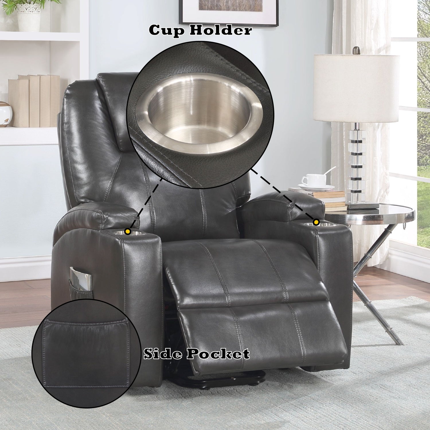 Recliner With Power Lift &amp; Massage - Gunmetal
