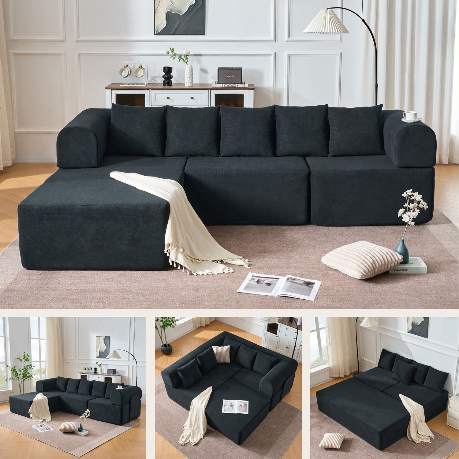 Modular L-Shaped Sectional Sofa With Deep Seat, Movable Chaise &amp; 5 Pillows