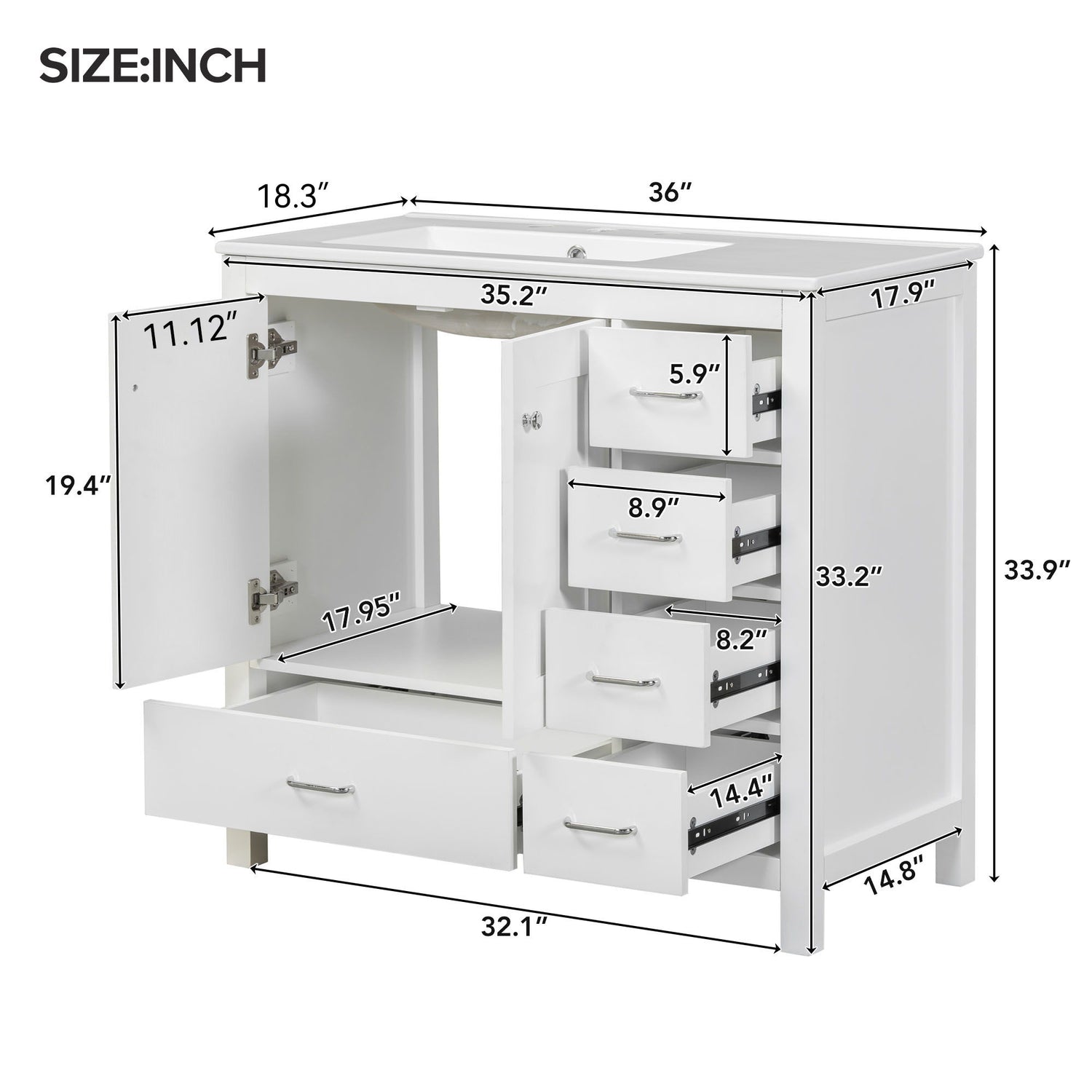 Bathroom Vanity With Sink Combo, 2 Soft Close Doors And 5 Drawers