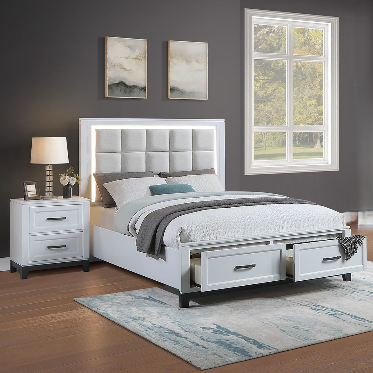 Bedroom Set, Bed With Drawers And Upholstered Headboard LED Lighting