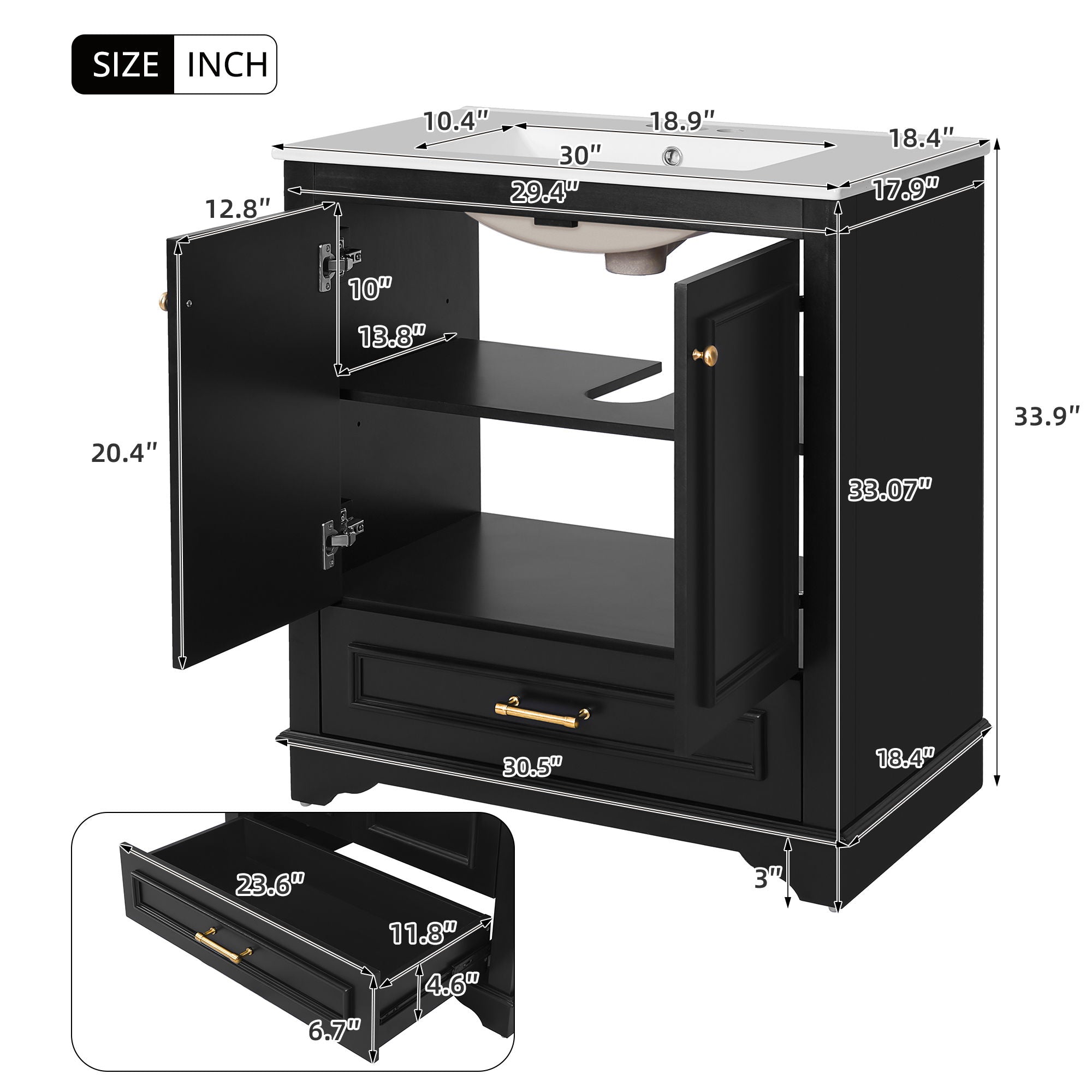 Bathroom Vanity With Sink, Cabinet &amp; 2 Soft Closing Doors &amp; Adjustable Shelf