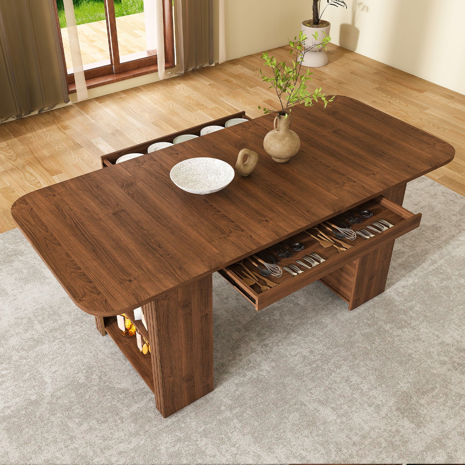 Dining Table With Drawers &amp; Open Storage - Walnut