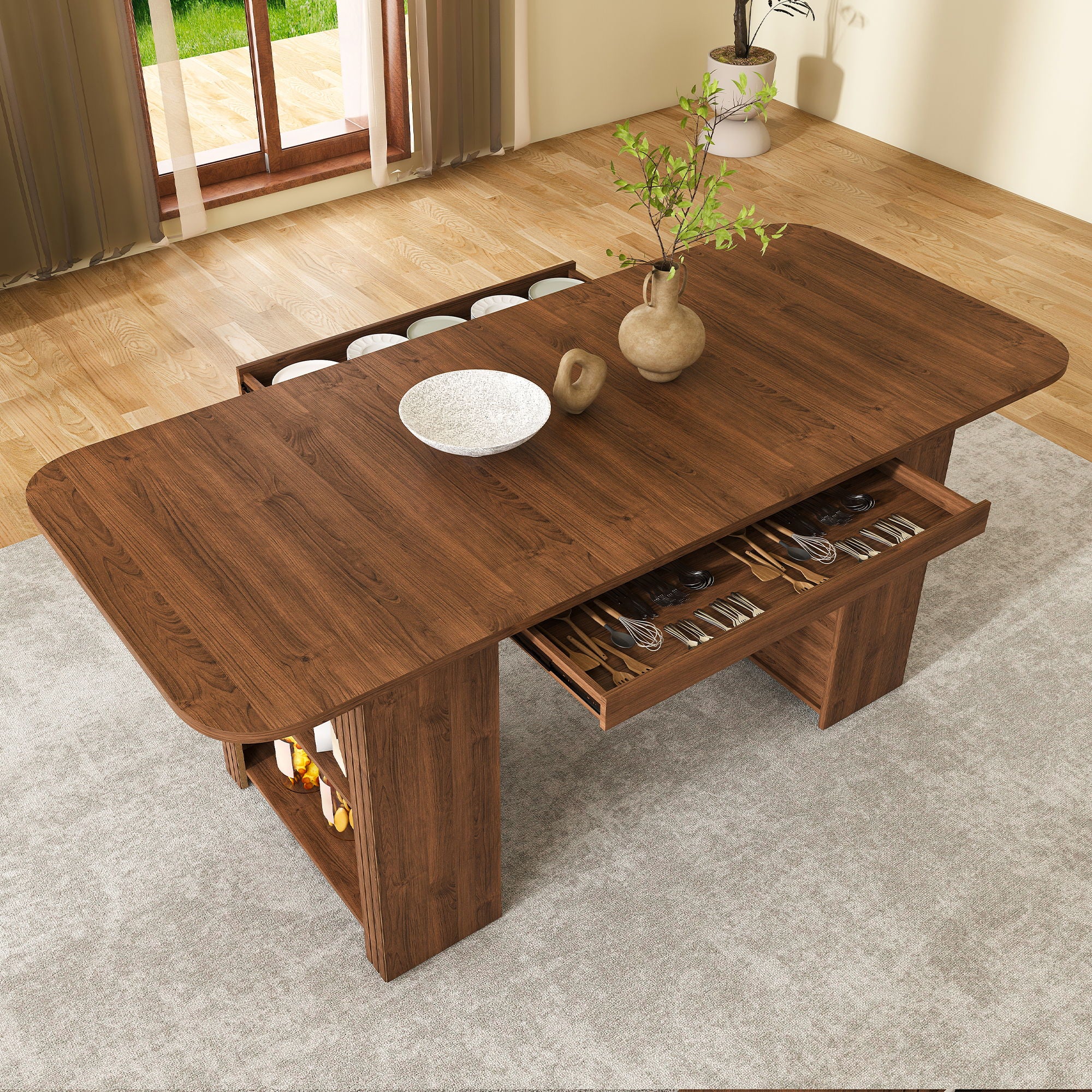 Dining Table With Drawers &amp; Open Storage - Walnut