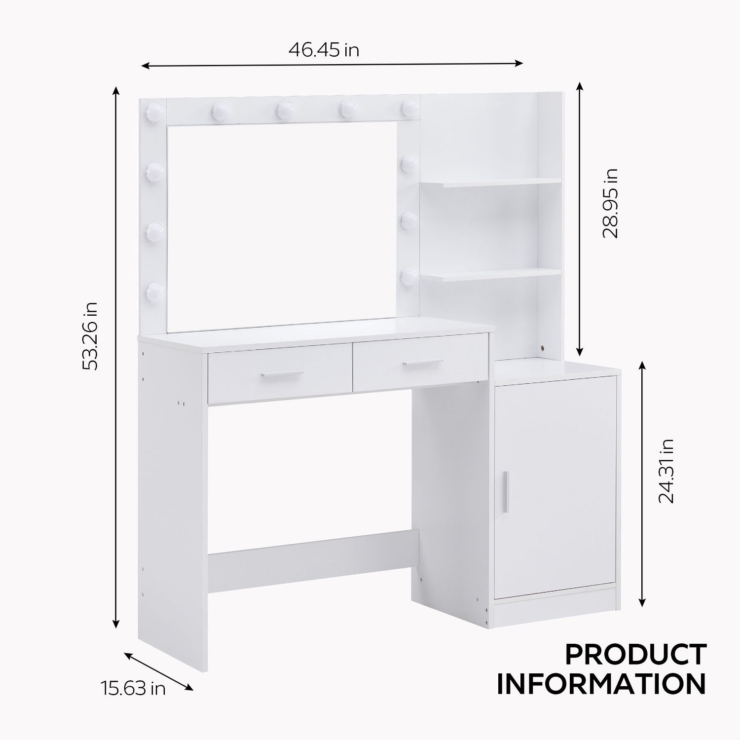 Vanity Desk With Mirror And Lights, 46.4In Dressing Table With 2 Large Drawer &amp; Large Vertical Organizer, 3 Level Dresser &amp; 3 Lighting Modes Adjustable Brightness, Suitable For Bedroom