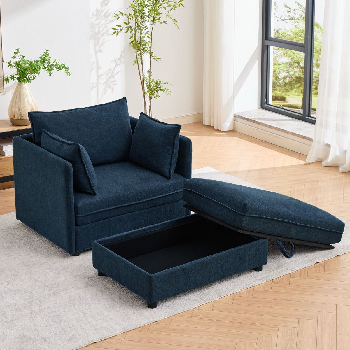 Oversized Deep Seat Accent Chair With Matching Storage Ottoman &amp; Throw Pillows