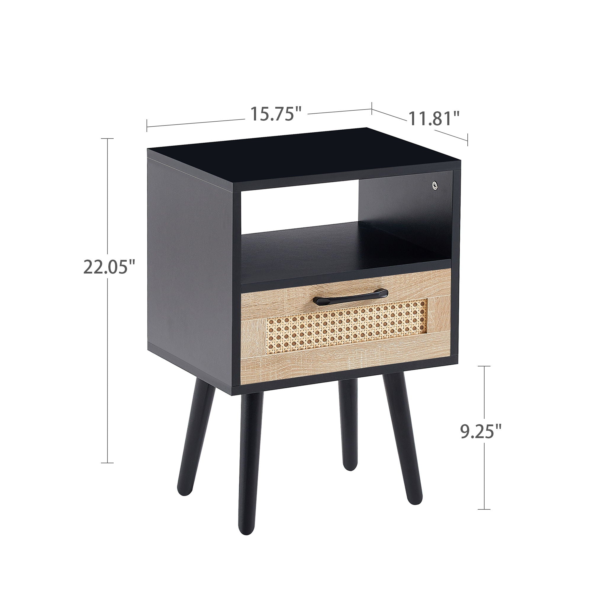 15.75&quot; Rattan End Table With Drawer And Solid Wood Legs, Modern Nightstand, Side Table For Living Room, Bedroom