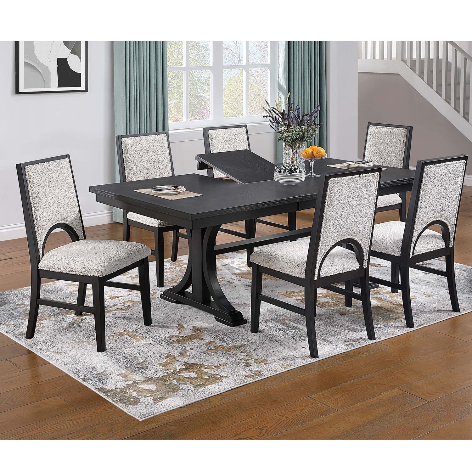 7 Piece Set, Trestle Dining Table And 6 Side Chairs With Cutout Back - Black / Charcoal / White