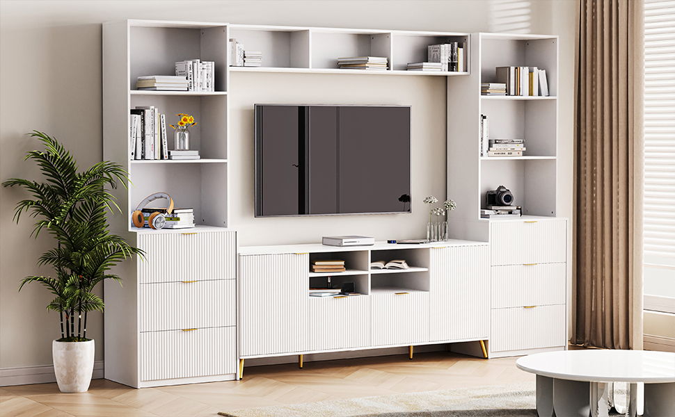 4 Piece Entertainment Wall Unit With 13 Shelves, 8 Drawers And 2 Cabinets, Multifunctional TV Stand Media Storage Cabinet With Fluted Line Surface For Living Room, For TVs Up To 70&quot;
