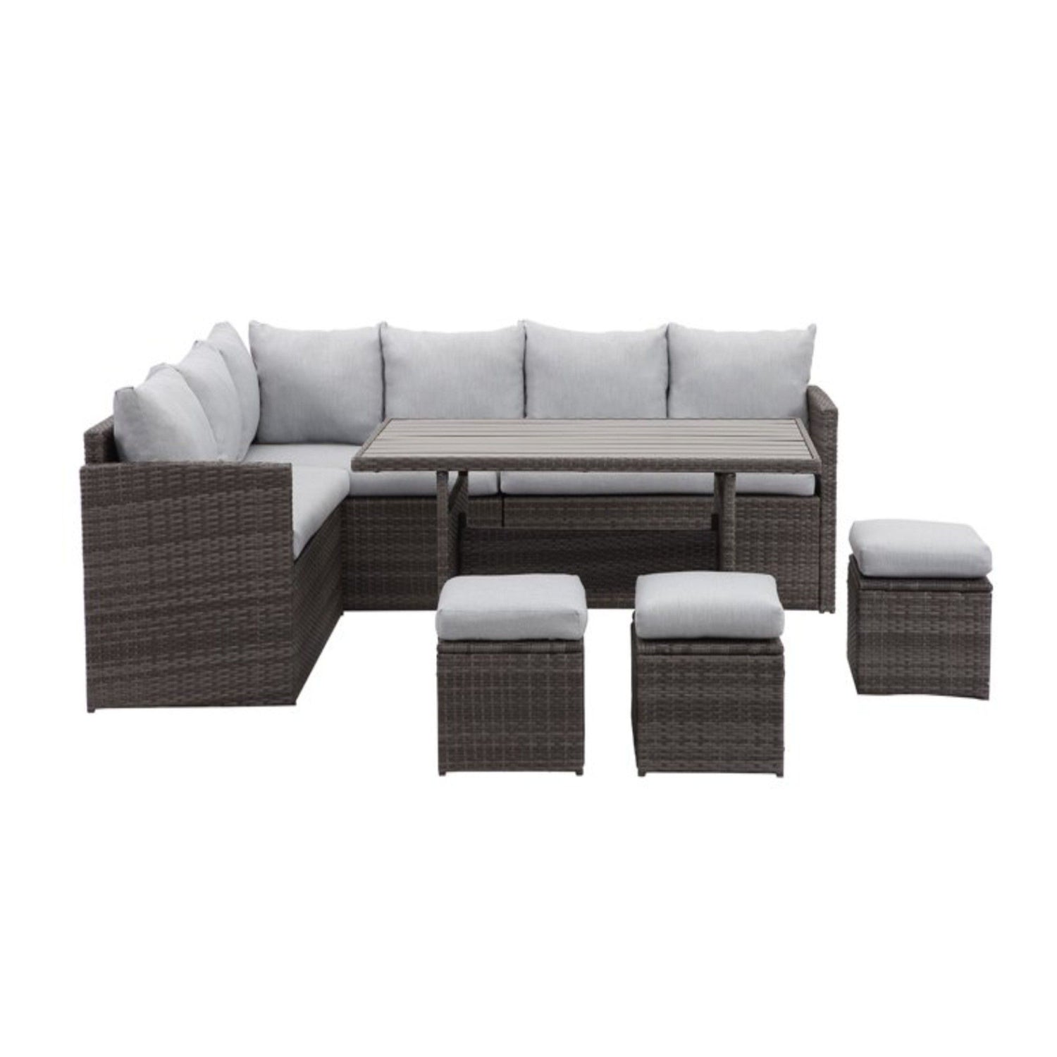 7 Piece All Weather Patio Dining Set With Cushions, Sectional Sofa, Ottomans &amp; Table For Backyard - Gray / Brown