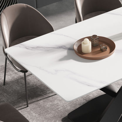 70.87&quot; Modern Artificial Stone White Straight Edge Black Metal Leg Dining Table, Can Accommodate 6-8 People - White