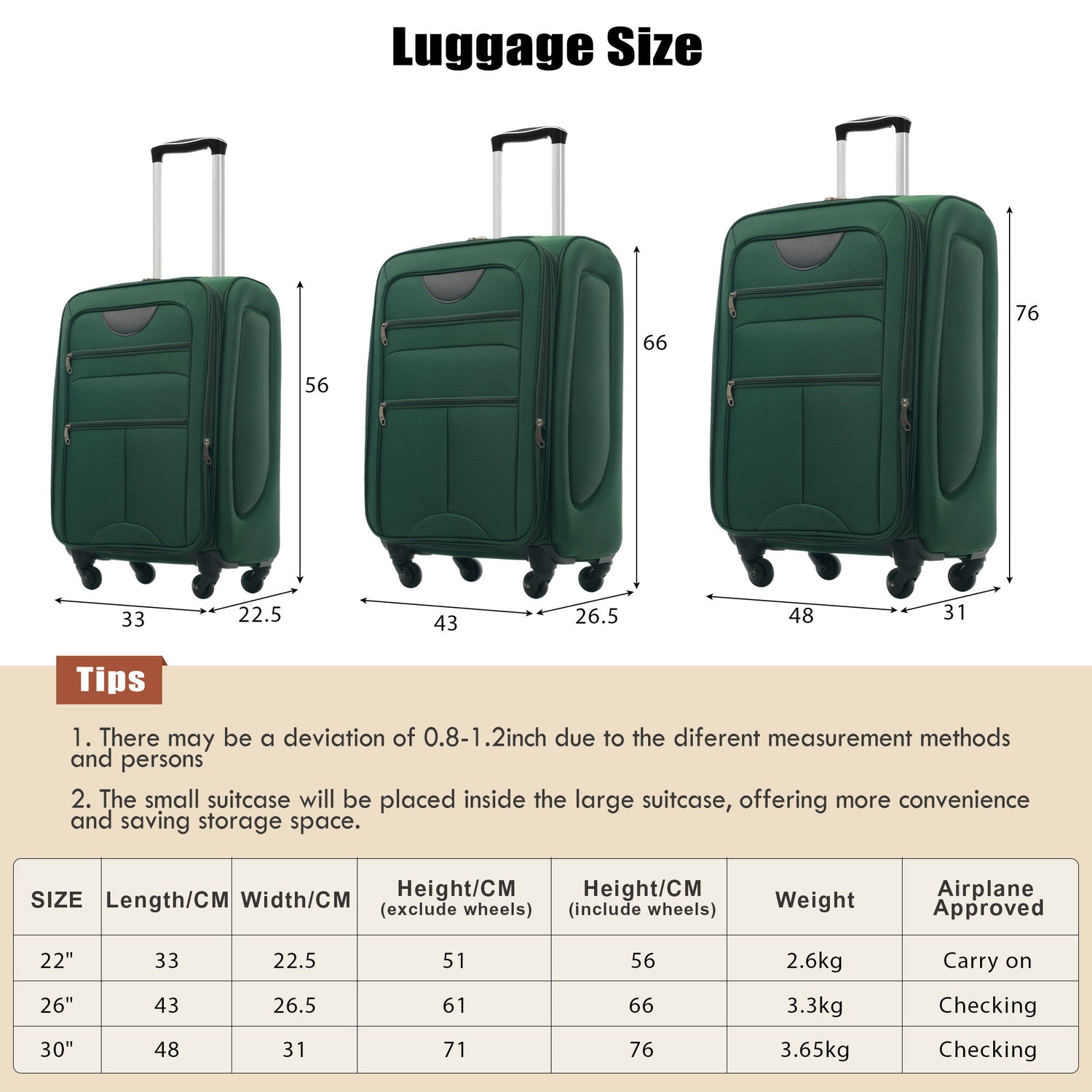Softside Luggage Expandable 3 Piece Set Upright Spinner Lightweight Suitcase