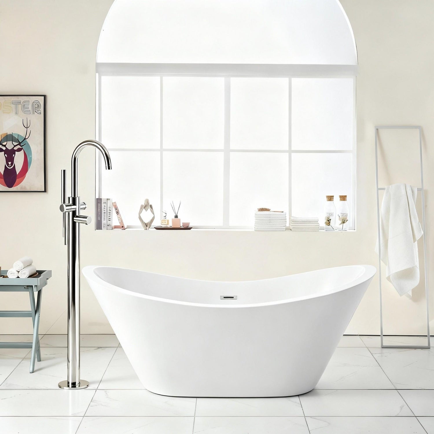 Glossy Freestanding Bathtub, Double Slipper Design, Deep Soaking Comfort